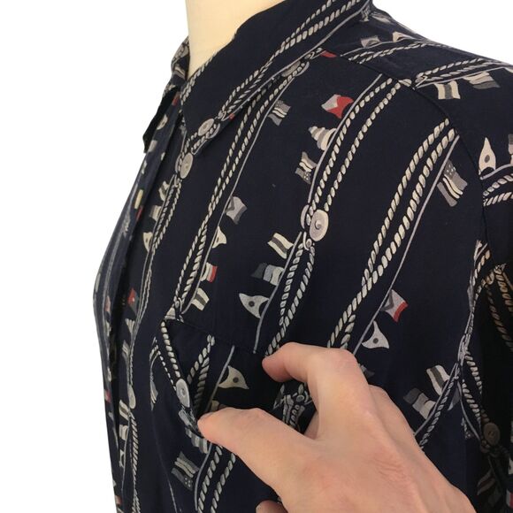 Espirit Sport Vintage 80s Navy Blue Nautical Print Button Front Shirt,‎ Top sz S - Picture 4 of 10